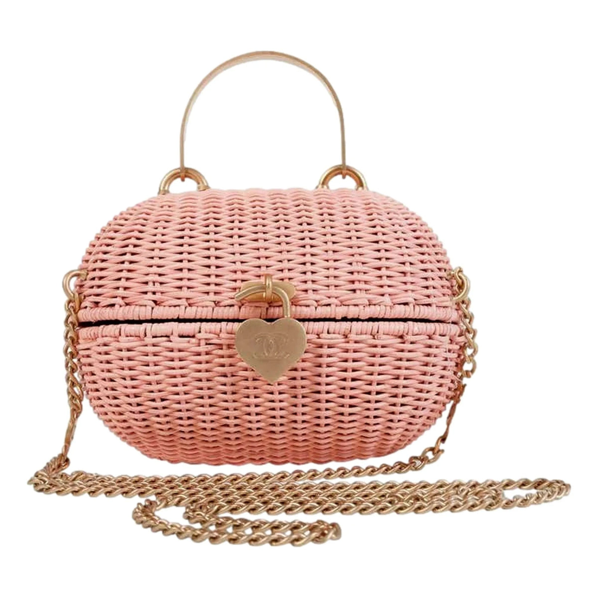 Chanel Pink Oval Wicker Heart CC Charm Closure 2 - Way Handle Crossbody Bag - Handbags - Clayton's Online Store