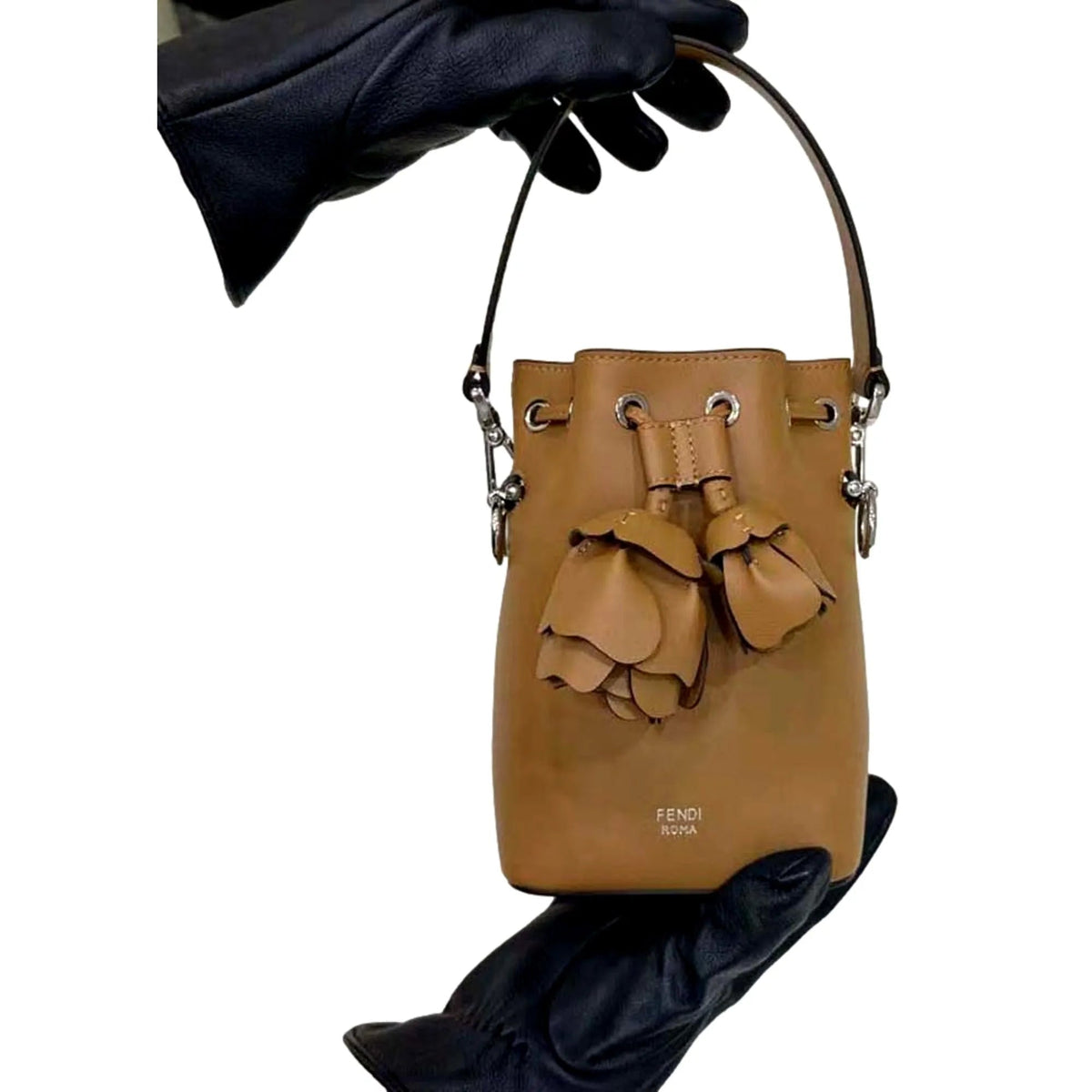 FENDI Calfskin F is 3D Flower Mini Mon Tresor Bucket Bag Brown Tan - Handbags - Clayton's Online Store