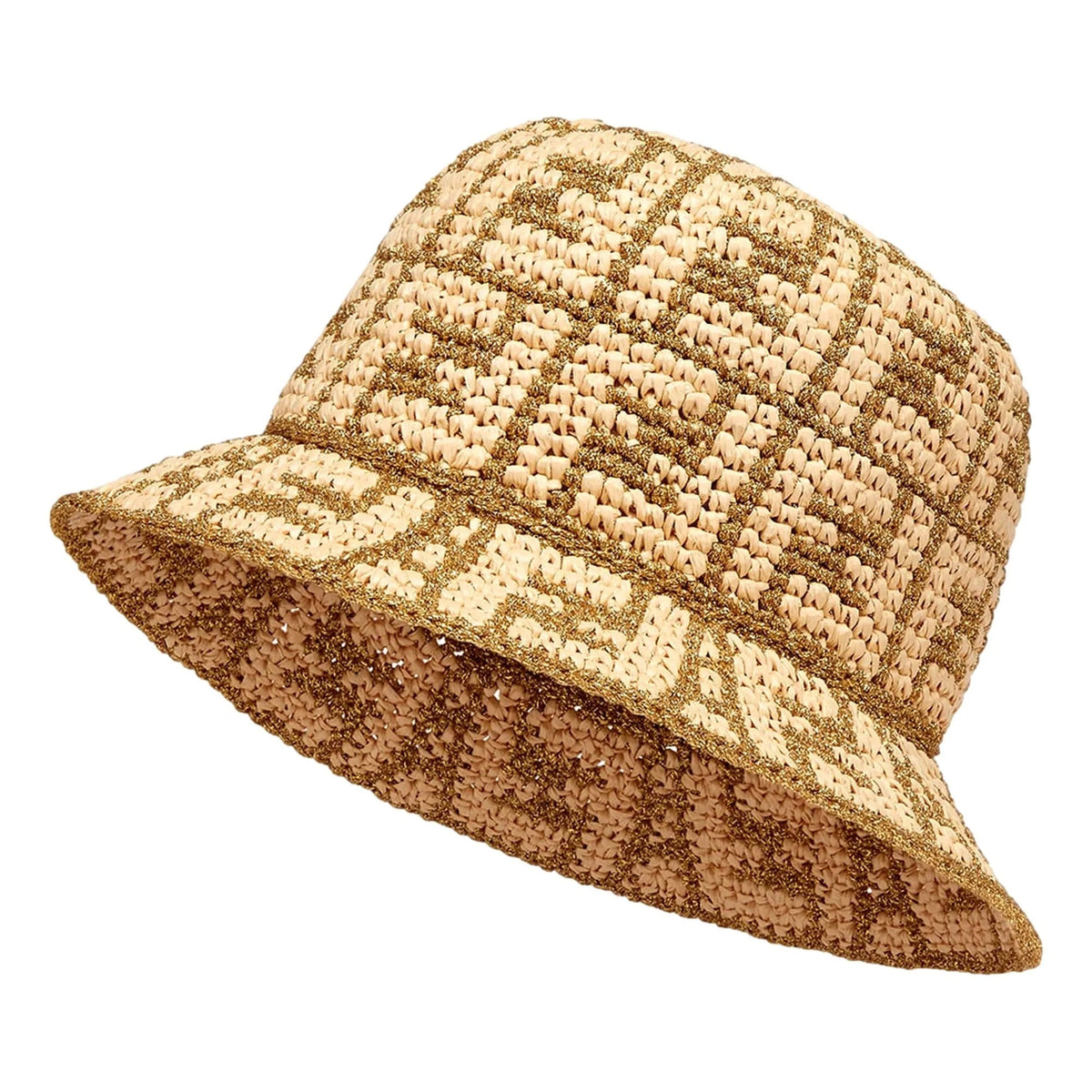 Fendi FF Motif Woven Metallic Gold and Natural Raffia Crochet Bucket Hat - Hats - Clayton's Online Store