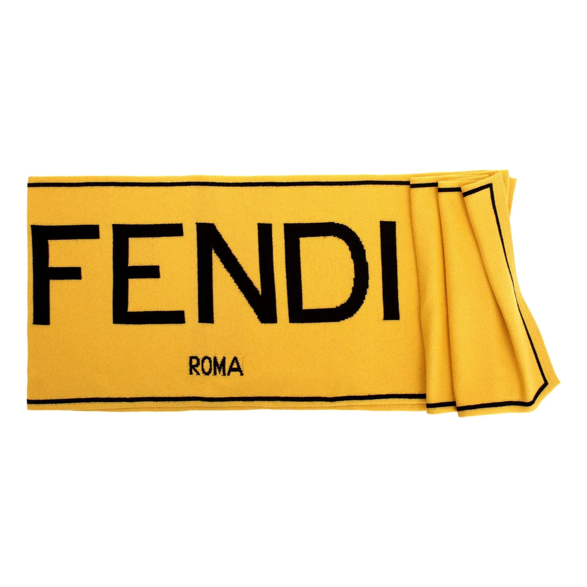 Fendi Roma Knitted Wool & Cashmere Yellow Black Logo Scarf - Scarves and Shawls - Clayton's Online Store