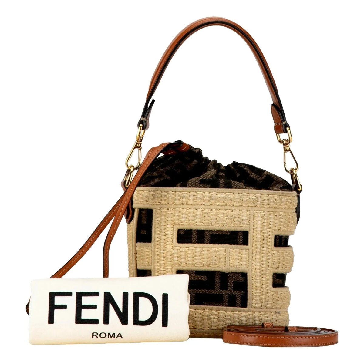 Fendi Step Out Straw and Canvas Medium Shoulder Bucket Bag - Handbags - Clayton's Online Store