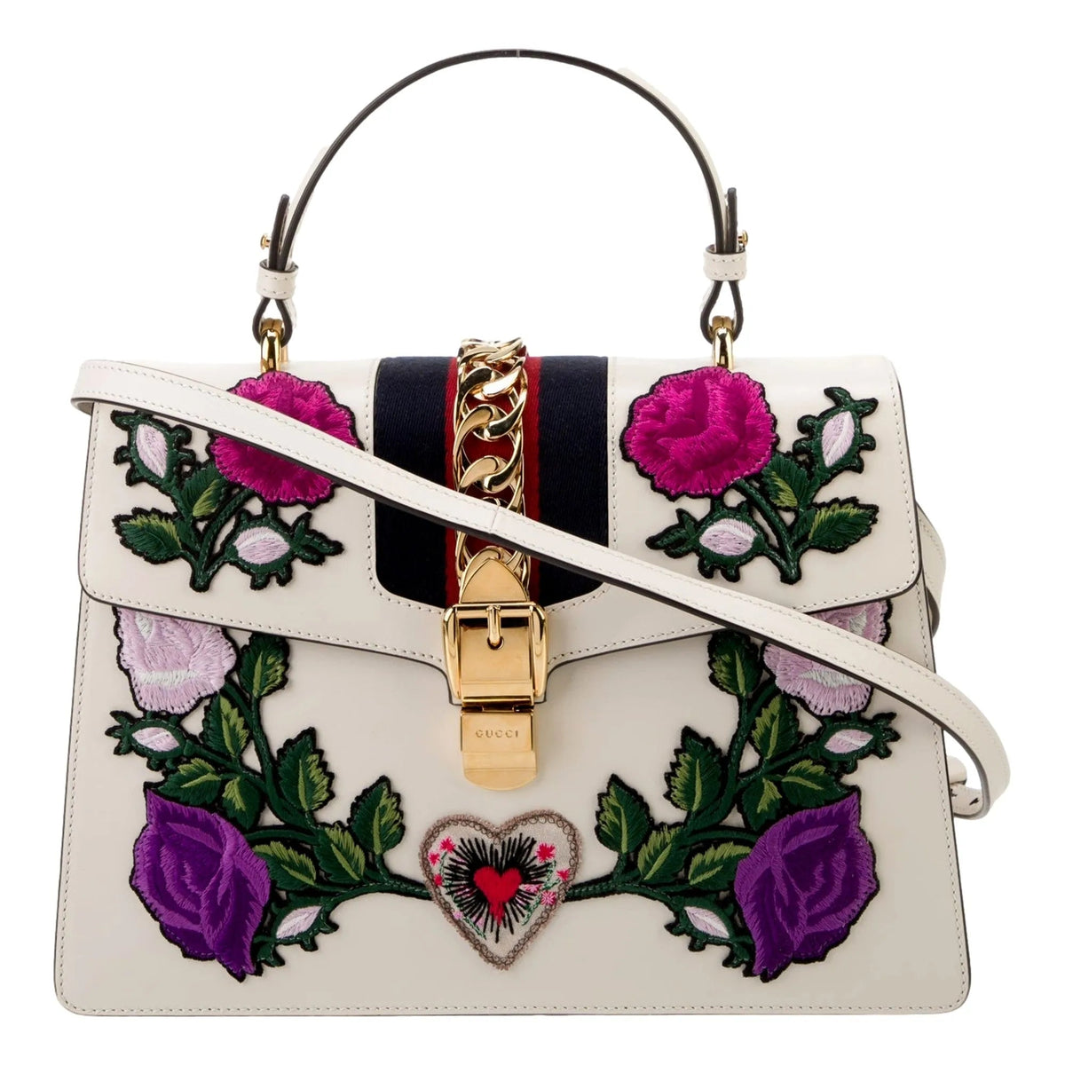 Gucci Sylvie Embroidered Off White Medium Top Handle Bag - Handbags - Clayton's Online Store