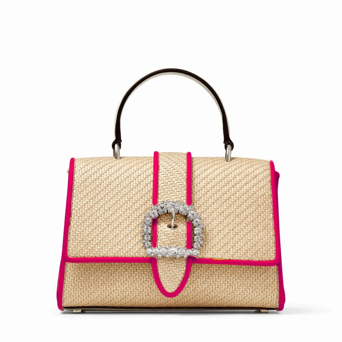 Jimmy Choo Cheri Crystal Medium Top Handle Bag Raffia Pink Leather Trim - Handbags - Clayton's Online Store