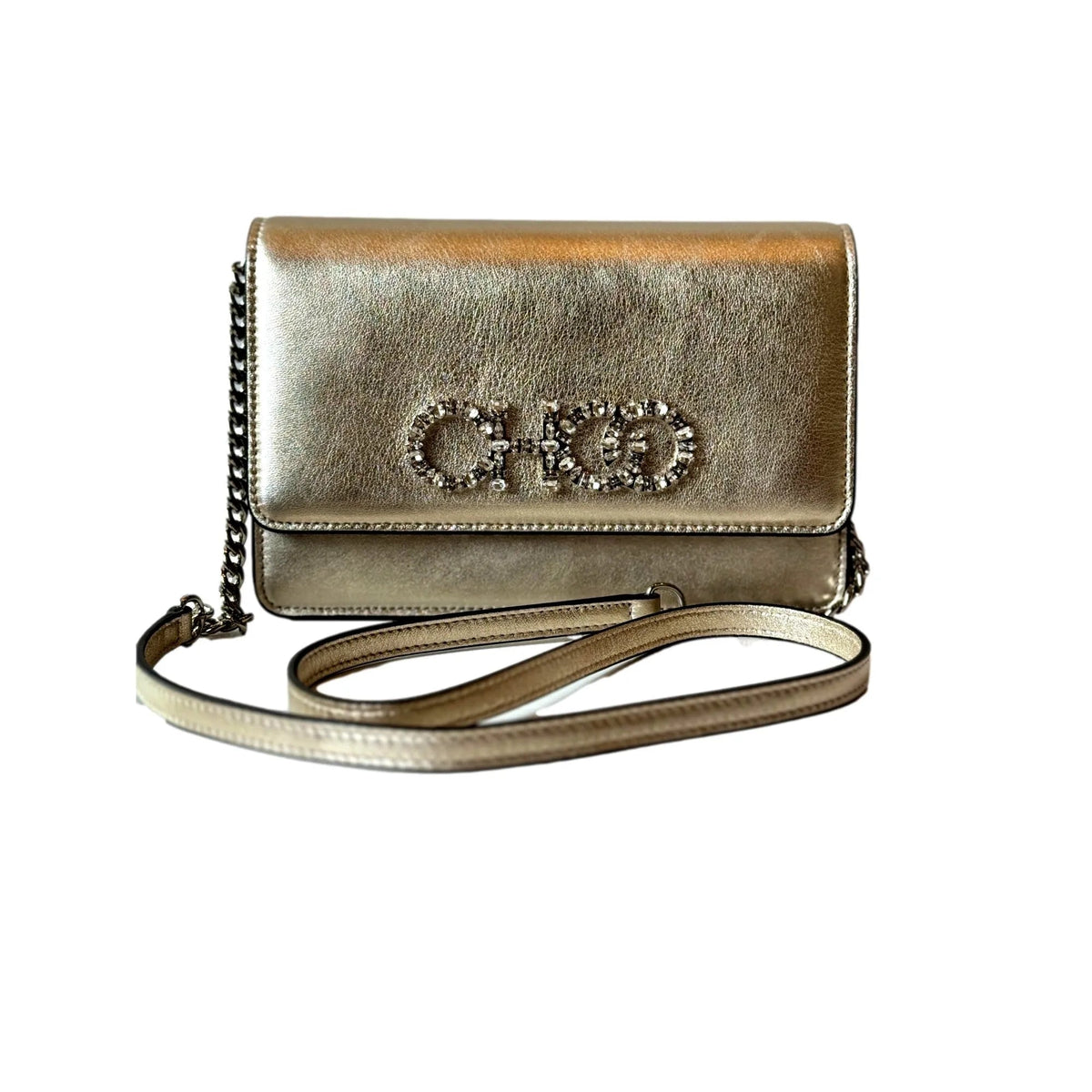 Jimmy Choo Kalina Crossbody Clutch Bag Crystal Logo Metallic Gold - Handbags - Clayton's Online Store