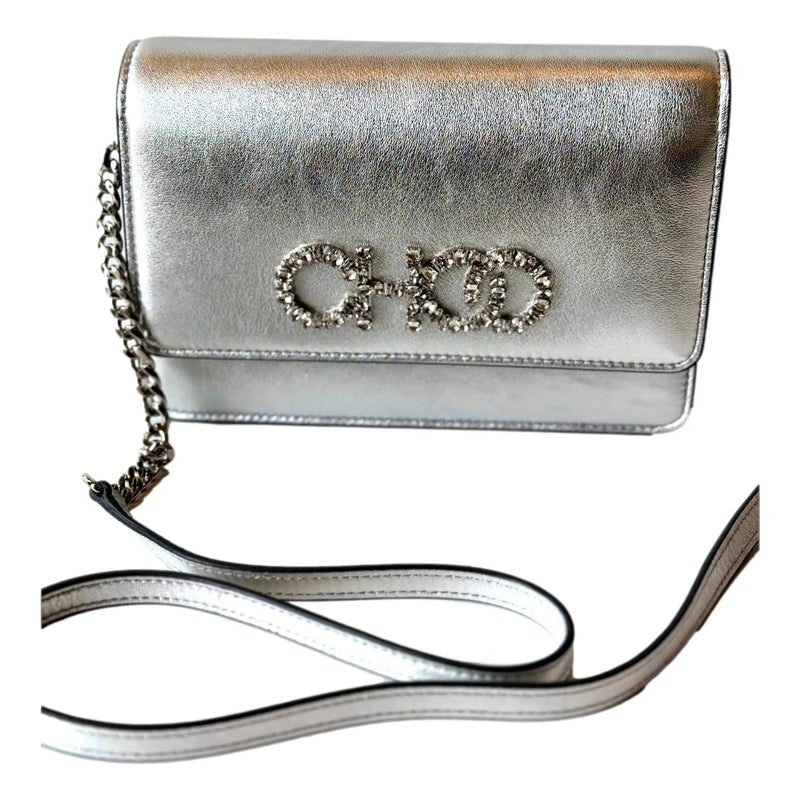 Jimmy Choo Kalina Crossbody Clutch Bag Crystal Logo Metallic Silver - Handbags - Clayton's Online Store