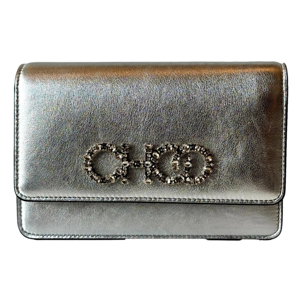 Jimmy Choo Kalina Crossbody Clutch Bag Crystal Logo Metallic Silver - Handbags - Clayton's Online Store