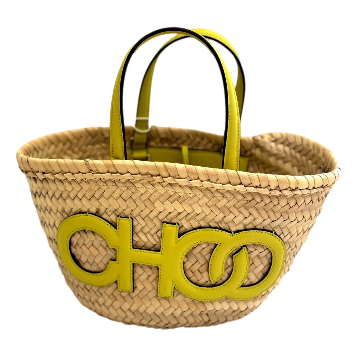 Jimmy Choo Logo Crossbody Tote Bag Natural Raffia Citron Yellow Trim - Handbags - Clayton's Online Store