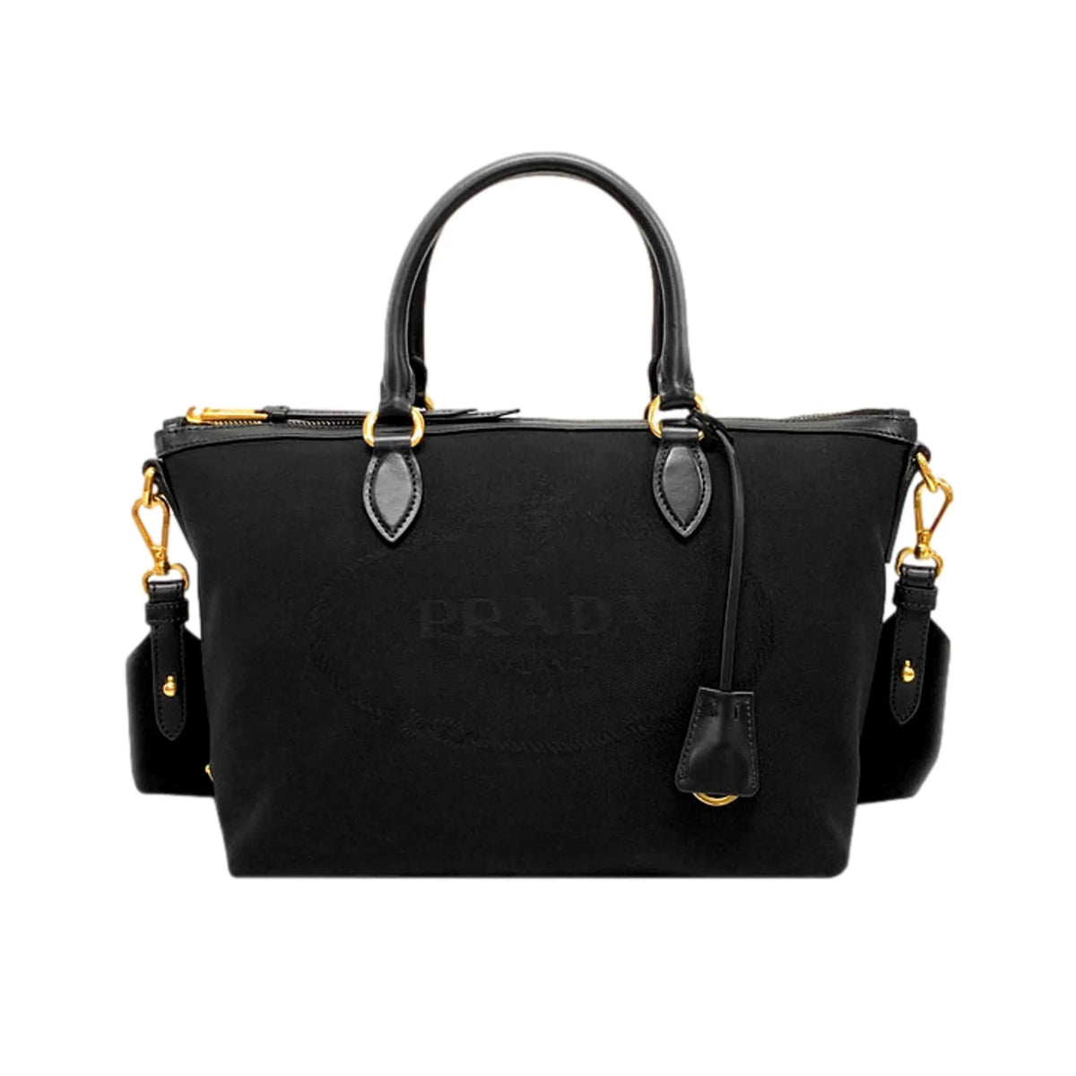 Prada Black Canvas Jacquard Logo Leather Trim Small Satchel - Handbags - Clayton's Online Store