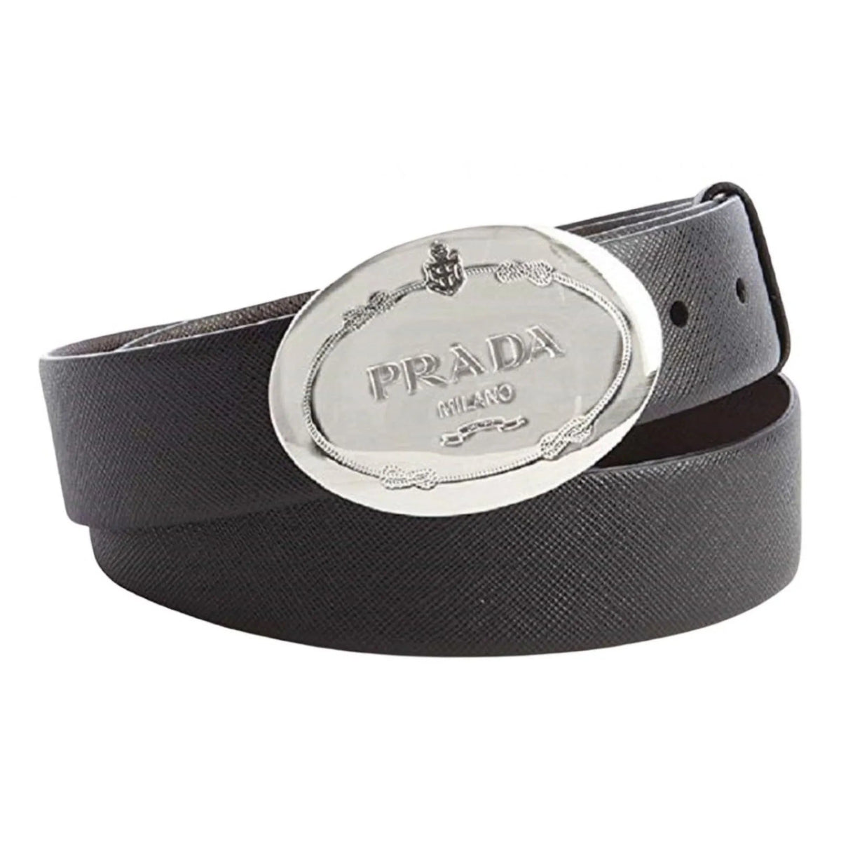 Prada Black Saffiano Leather Engraved Oval Plaque Buckle Belt 110/44 - Belts - Clayton's Online Store