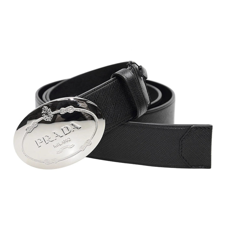 Prada Black Saffiano Leather Engraved Oval Plaque Buckle Belt 110/44 - Belts - Clayton's Online Store