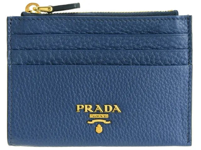 Prada Bluette Saffiano Leather Credit Card Holder with Zipper Gold Prada Logo - Wallets - Clayton's Online Store