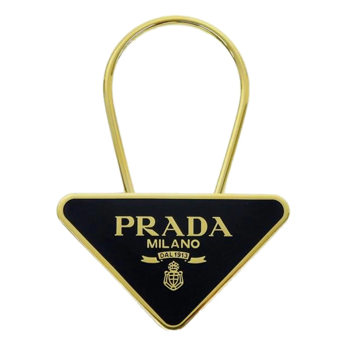 Prada Enameled Metal Logo Pin Key Ring Black and Gold Purse Charm - Accessories - Clayton's Online Store