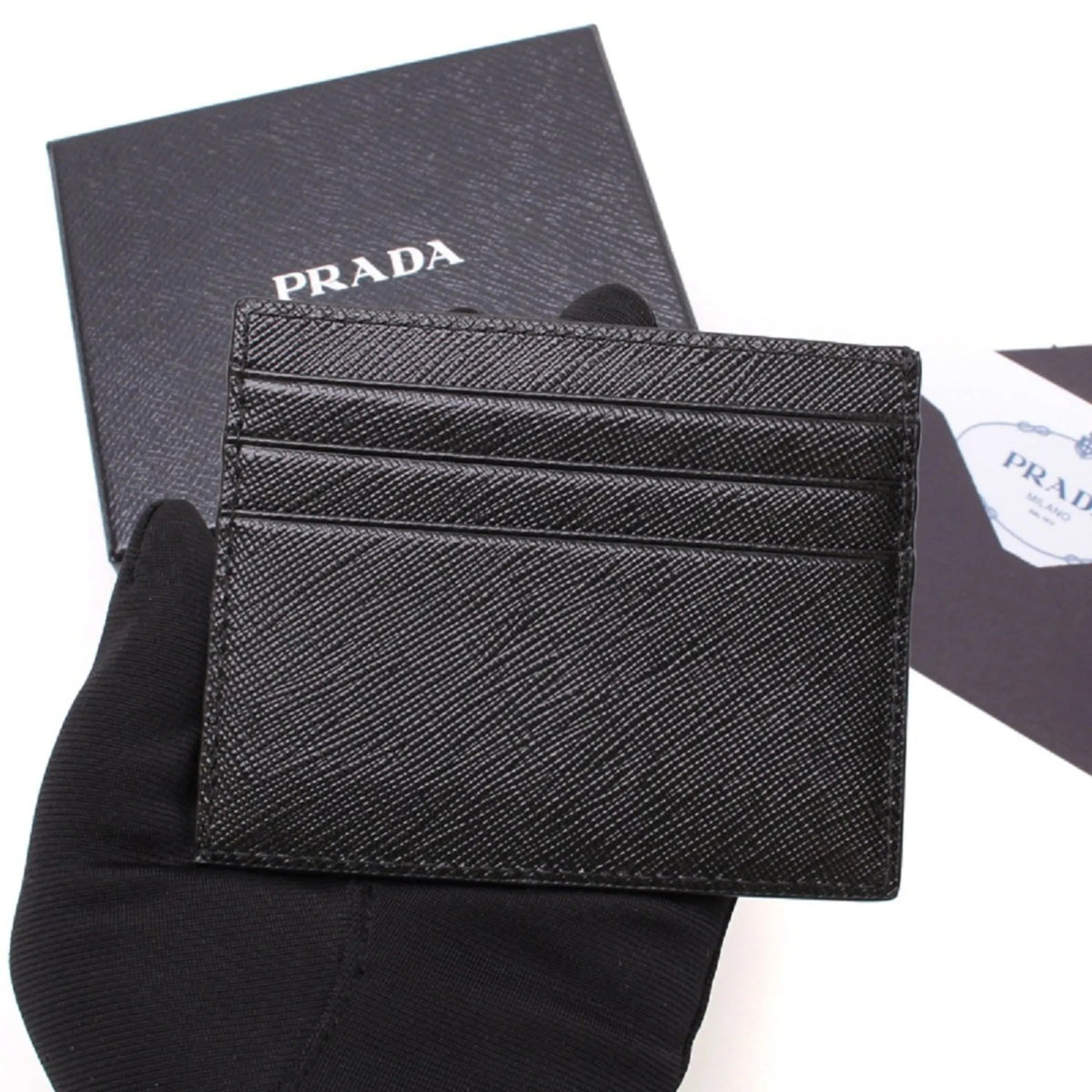 Prada Saffiano Nero Black - Gray Card Holder Silver Logo - Wallets - Clayton's Online Store