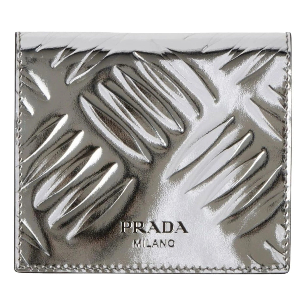 Prada Spazzolato Foldover Card Wallet Metallic Silver Embossed Leather - Wallets - Clayton's Online Store