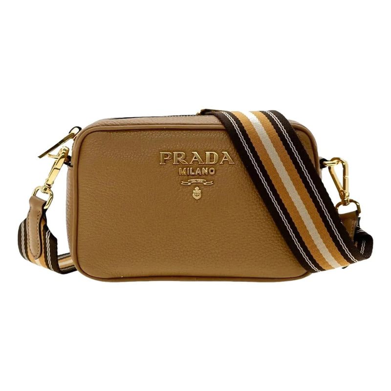 Prada Tan Caramel Leather Crossbody Bag Web Stripe Strap - Handbags - Clayton's Online Store