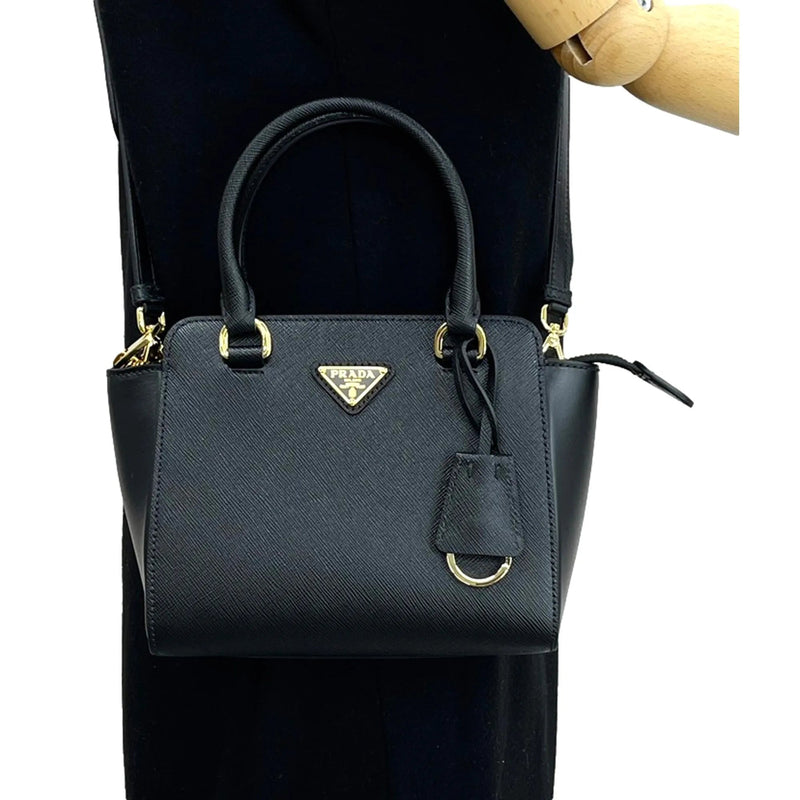 Prada Triangle Logo Black Saffiano Lux Leather Crossbody Tote Bag - Handbags - Clayton's Online Store