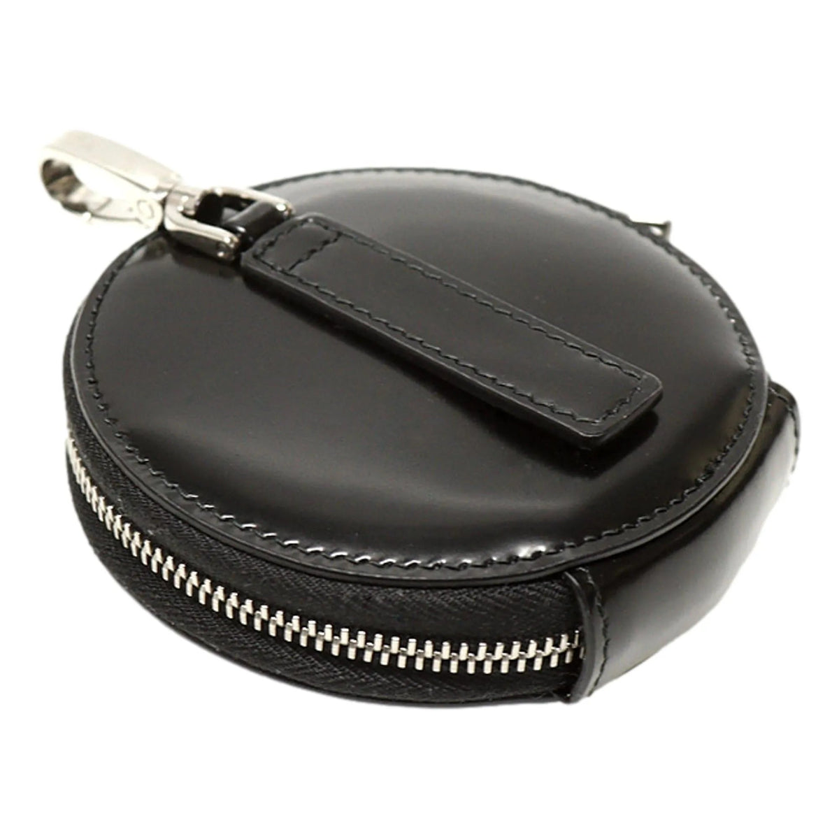 Prada Triangle Plaque Smooth Black Leather Round Mini Pouch Keychain - Keychains - Clayton's Online Store