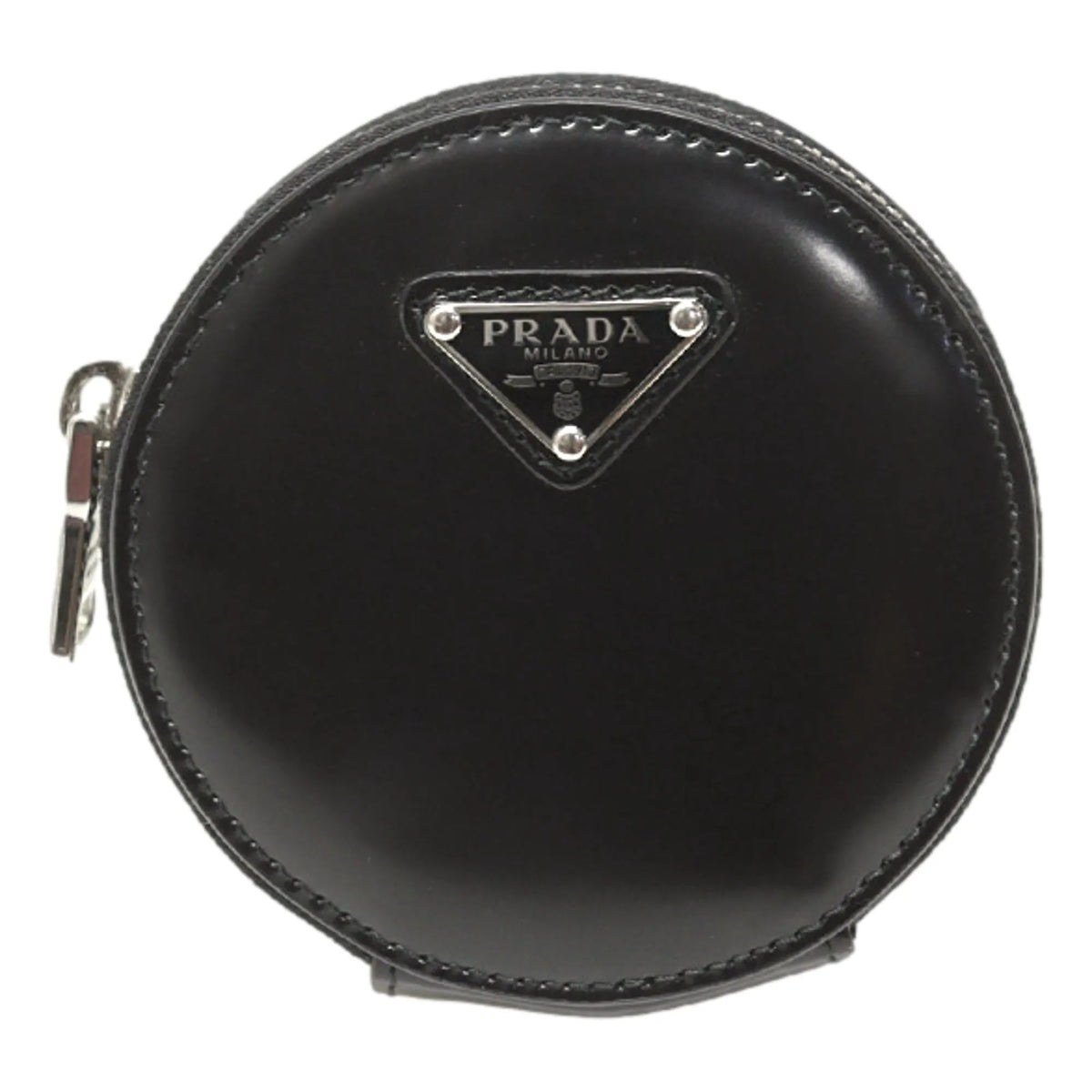 Prada Triangle Plaque Smooth Black Leather Round Mini Pouch Keychain - Keychains - Clayton's Online Store