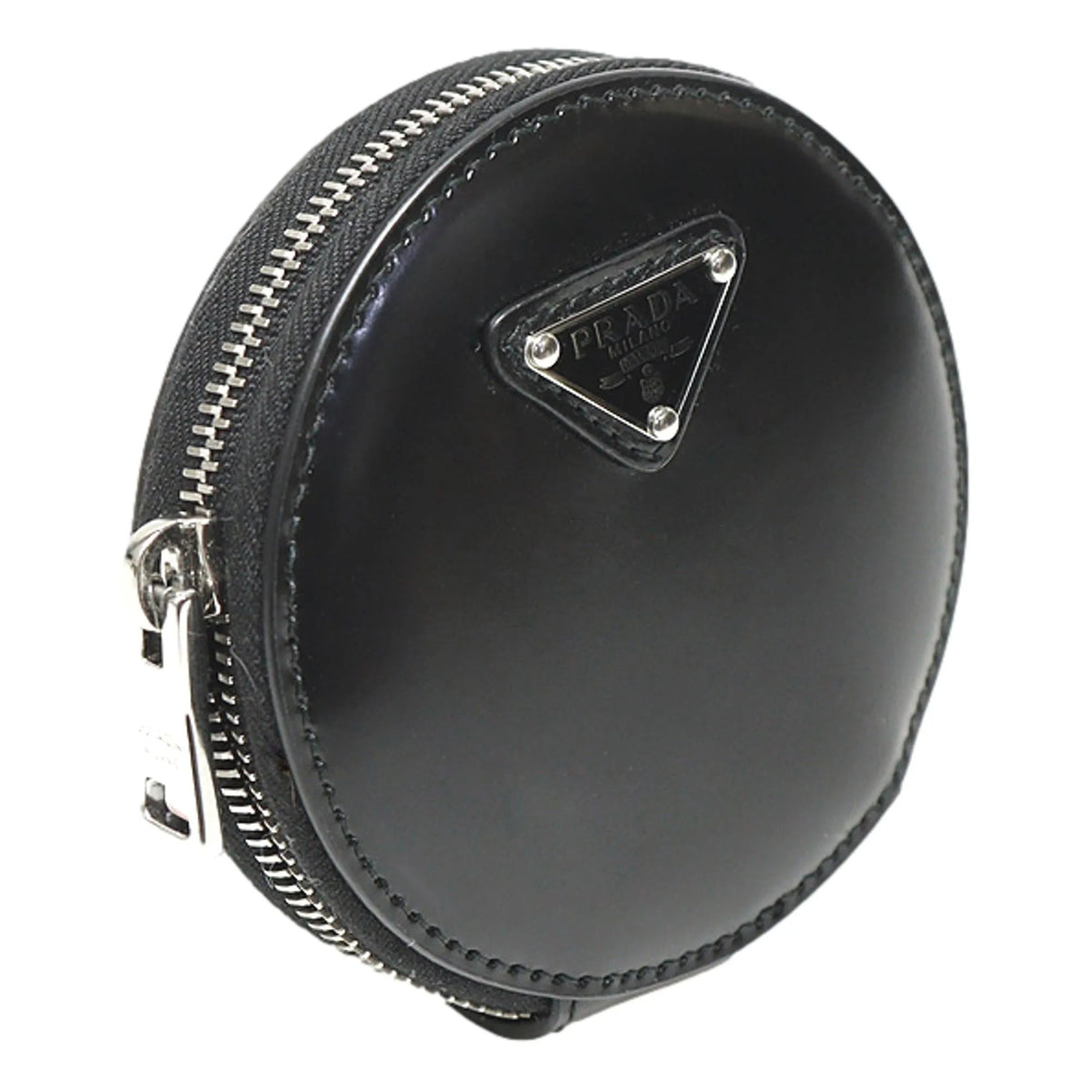 Prada Triangle Plaque Smooth Black Leather Round Mini Pouch Keychain - Keychains - Clayton's Online Store