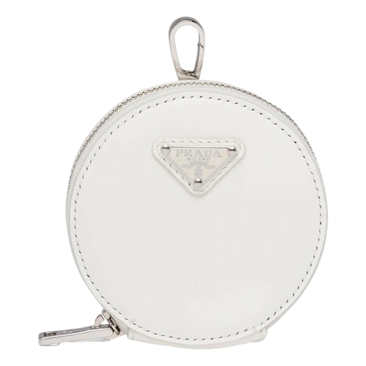 Prada Triangle Plaque Smooth White Leather Round Mini Pouch Keychain - Keychains - Clayton's Online Store