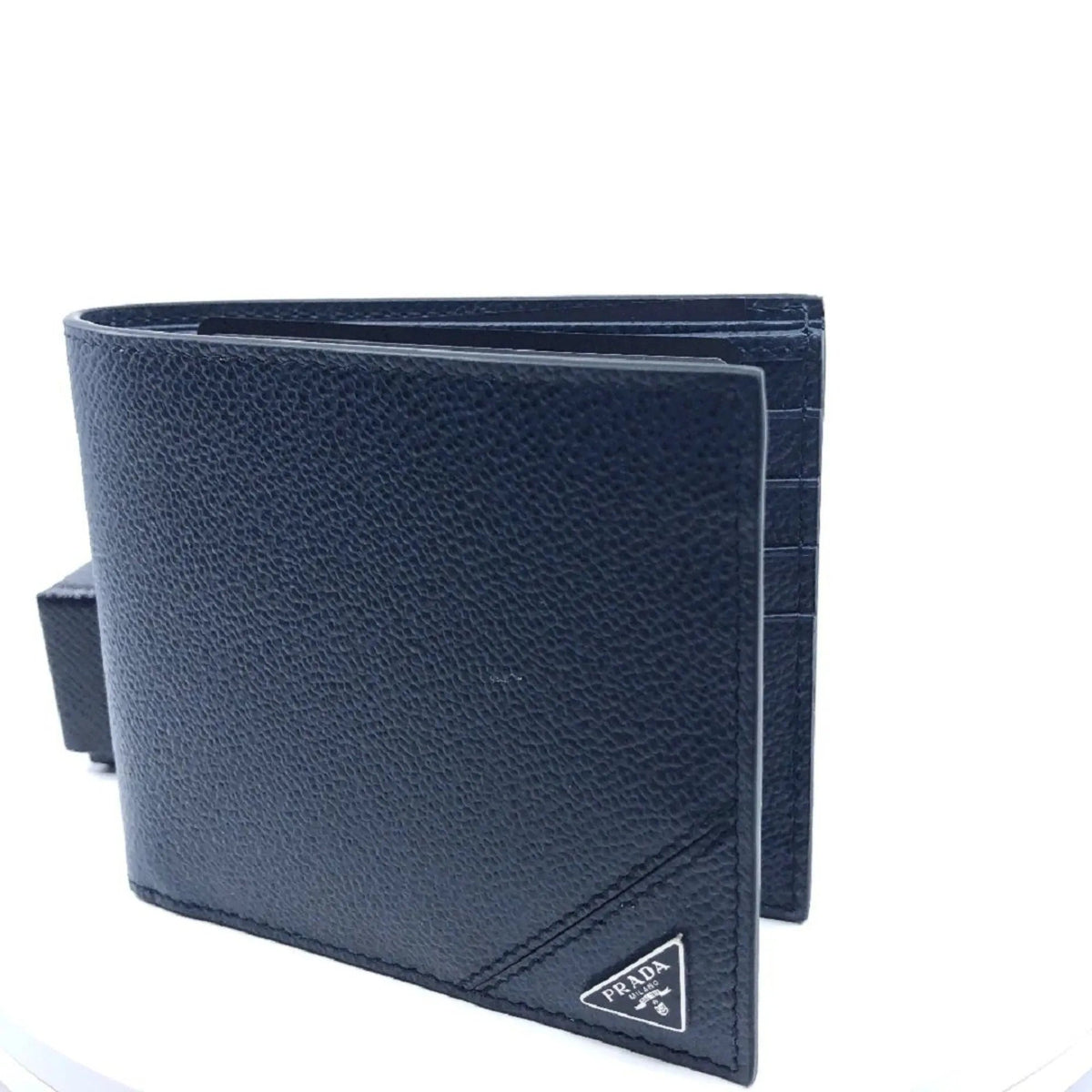 Prada Vitello Micro Grain Navy Blue Leather Triangle Logo Bifold Wallet - Wallets - Clayton's Online Store