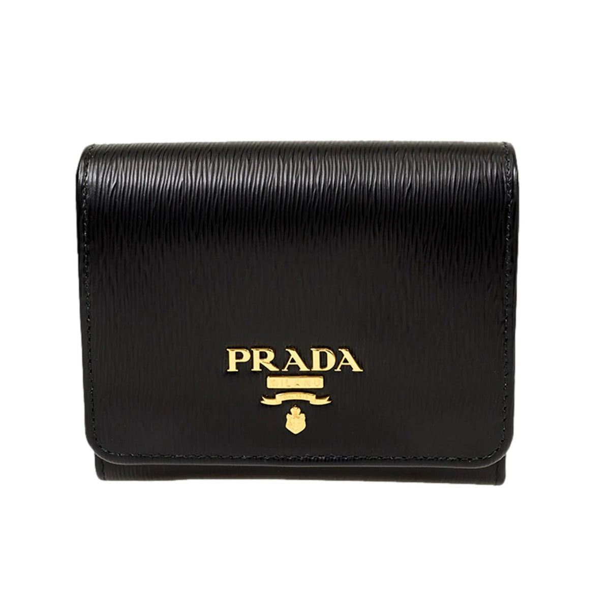 Prada Vitello Move Trifold Compact Wallet Black Leather Logo Plaque - Wallets - Clayton's Online Store