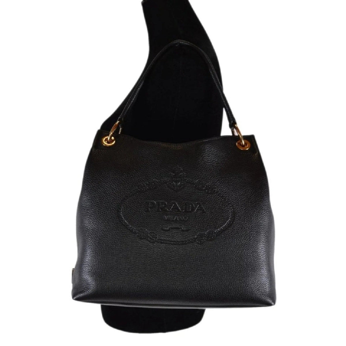 Prada Vitello Phenix Black Leather Embossed Logo Hobo Tote Bag - Handbags - Clayton's Online Store