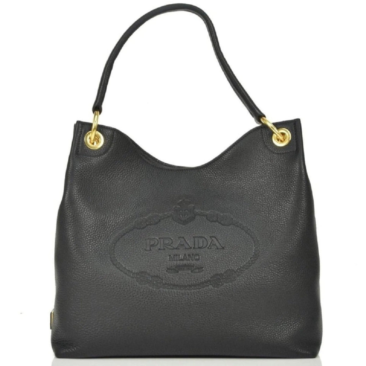 Prada Vitello Phenix Black Leather Embossed Logo Hobo Tote Bag - Handbags - Clayton's Online Store