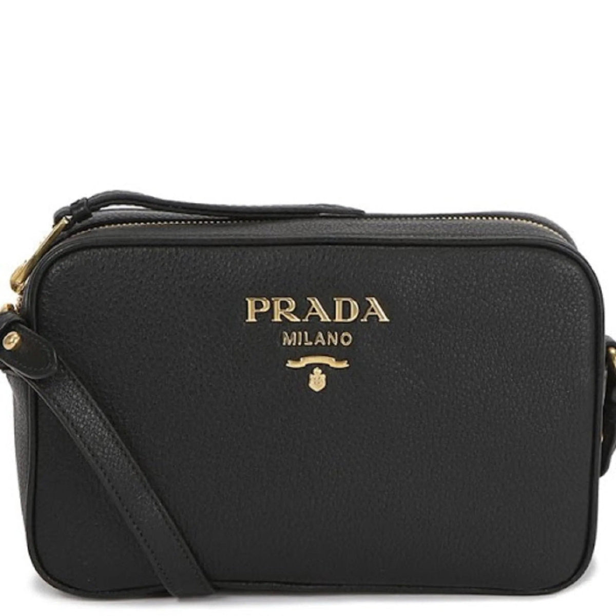 Prada Vitello Phenix Black Leather Gold Logo Camera Crossbody Bag - Handbags - Clayton's Online Store