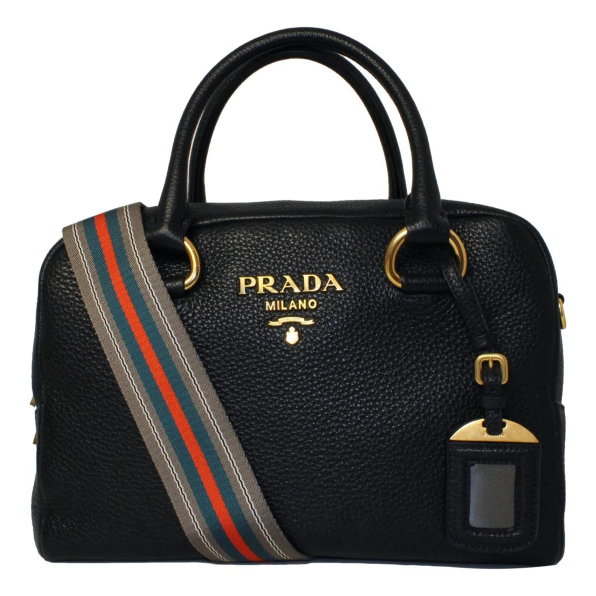 Prada Vitello Phenix Black Leather Web Stripe Crossbody Satchel Bag - Handbags - Clayton's Online Store