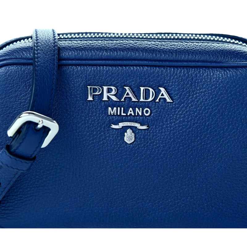 Prada Vitello Phenix Blue Leather Silver Logo Small Camera Crossbody Bag - Handbags - Clayton's Online Store