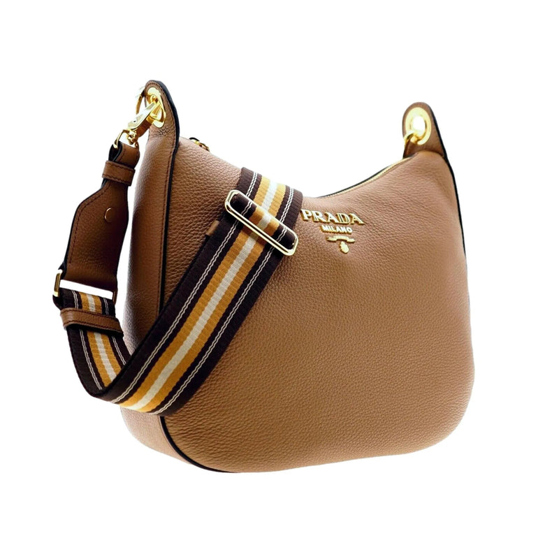 Prada Vitello Phenix Caramel Brown Leather Web Stripe Crossbody Bag - Handbags - Clayton's Online Store