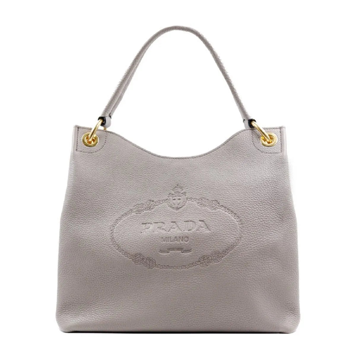 Prada Vitello Phenix Grey Leather Embossed Logo Hobo Tote Bag - Handbags - Clayton's Online Store