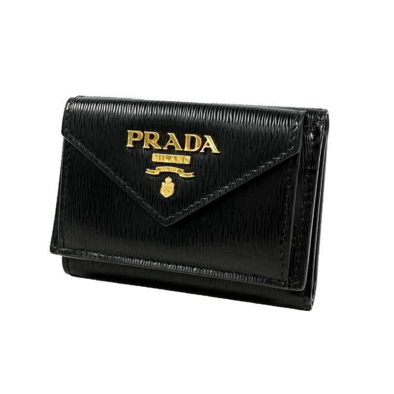 Prada Womens Vitello Move Black Leather Compact Envelope Trifold Wallet - Wallets - Clayton's Online Store