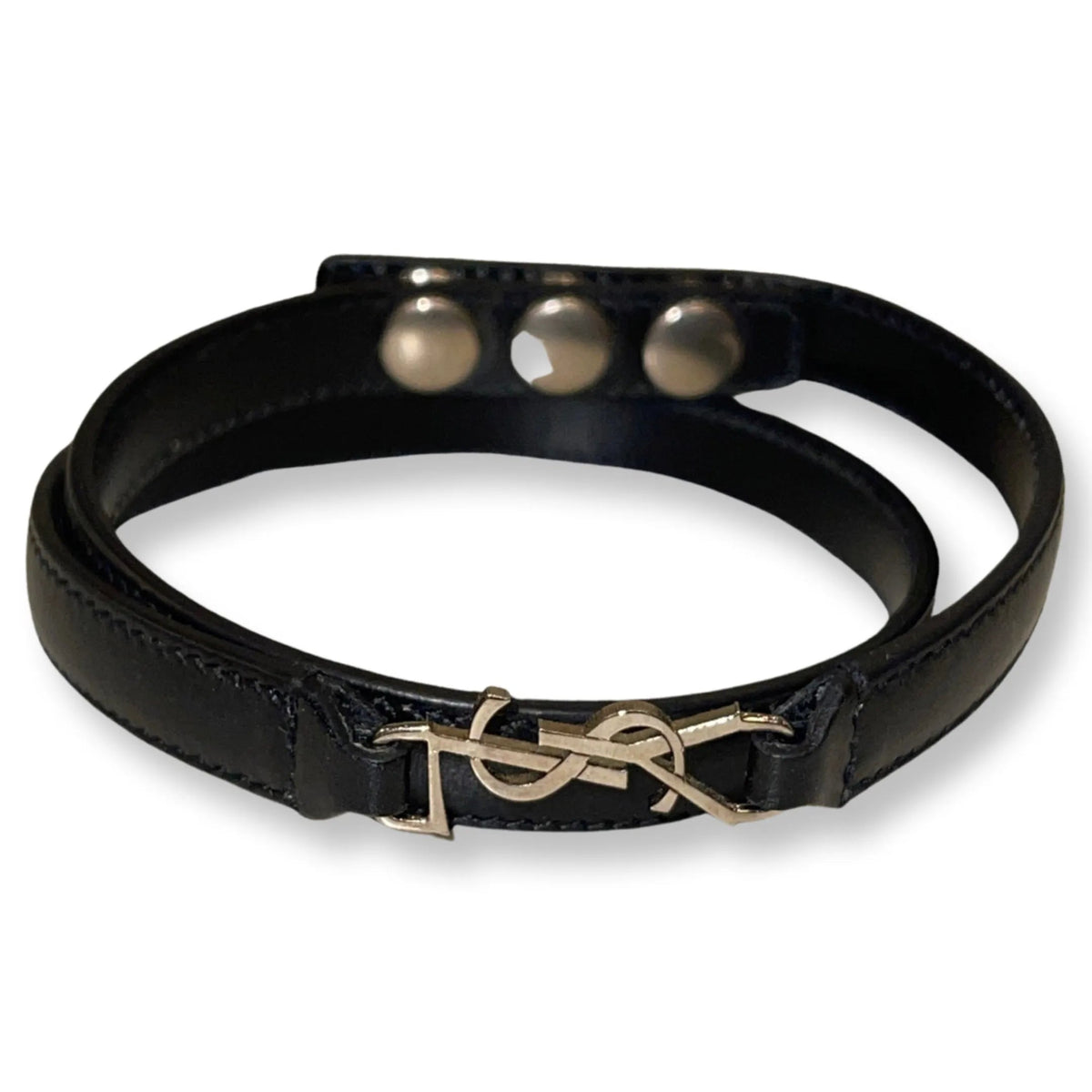 Saint Laurent Monogram Logo Black Leather Wrap Snap Bracelet - Jewelry - Clayton's Online Store