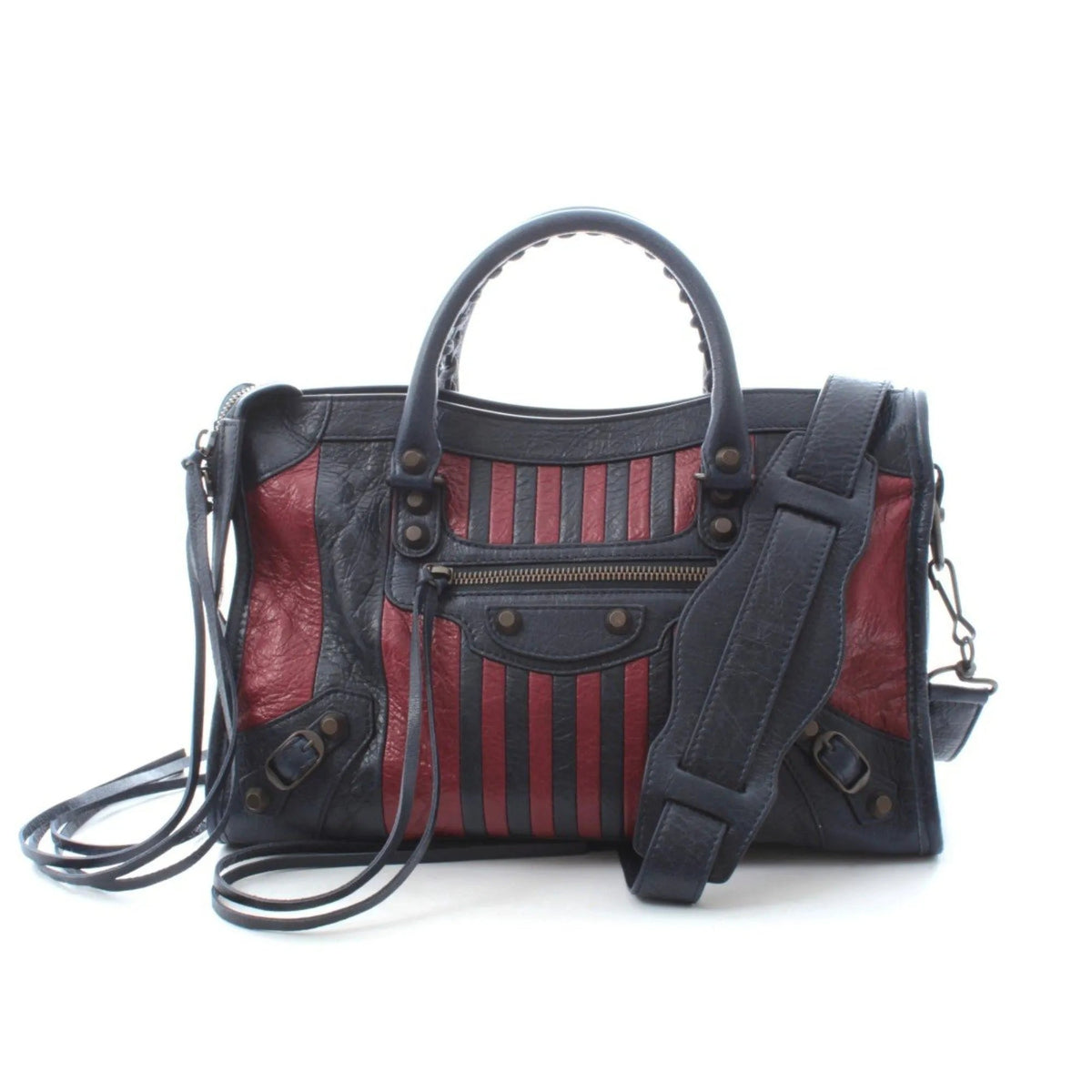 The Balenciaga Classic City Marine Bordeaux Stripe Small Satchel Bag - Handbags - Clayton's Online Store