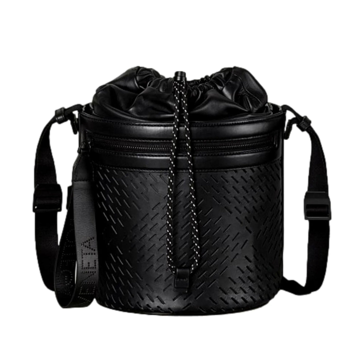 The Bottega Veneta Perforated Black Leather Drawstring Bucket Crossbody Bag - Handbags - Clayton's Online Store