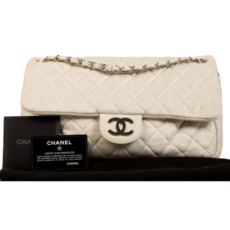 The Chanel Shimmer Craie White Jersey Classic Flap Bag - Handbags - Clayton's Online Store