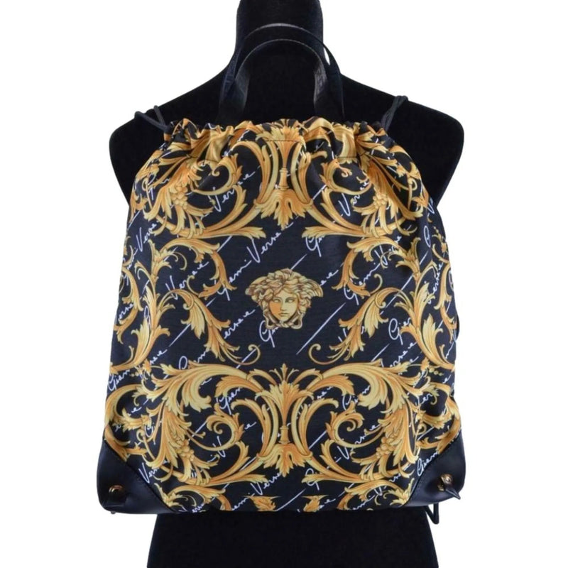 Versace Black Nylon Barocco Signature Print Drawstring Backpack - Handbags - Clayton's Online Store