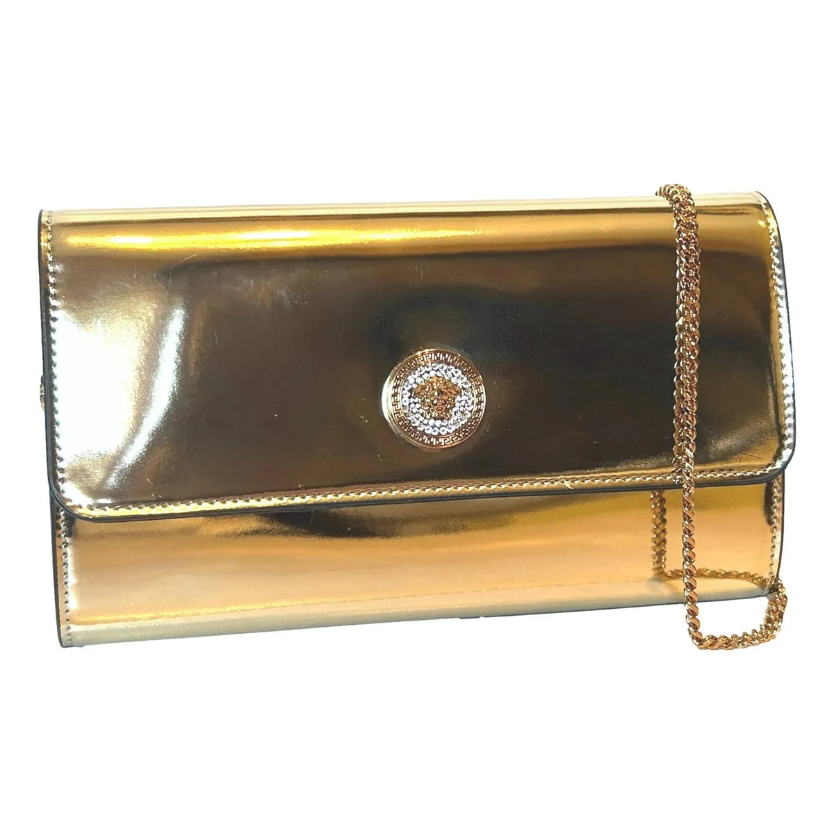 Versace La Medusa Crystal Clutch Crossbody Bag Metallic Gold Leather - Handbags - Clayton's Online Store