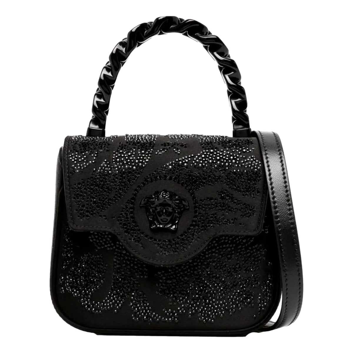 Versace La Medusa Crystal Mini Top Handle Tote Crossbody Black Silk - Handbags - Clayton's Online Store