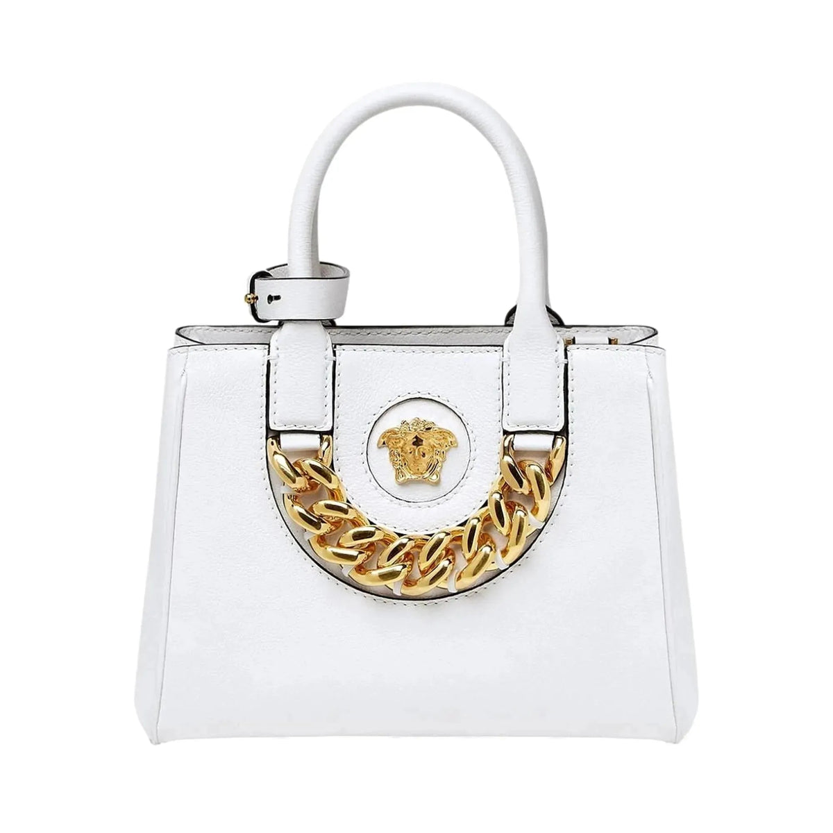 Versace La Medusa Gold Plaque White Leather Small Crossbody Tote Bag - Handbags - Clayton's Online Store