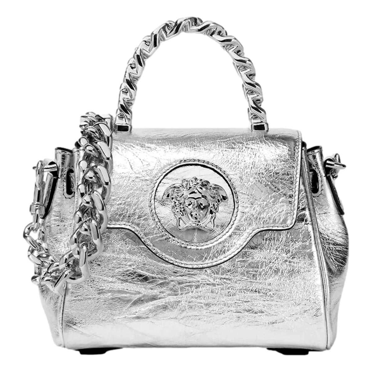 Versace La Medusa Silver Metallic Top Handle Handbag - Handbags - Clayton's Online Store