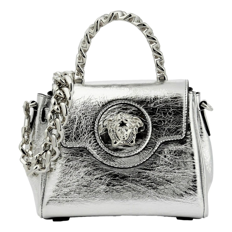 Versace La Medusa Silver Metallic Top Handle Handbag - Handbags - Clayton's Online Store