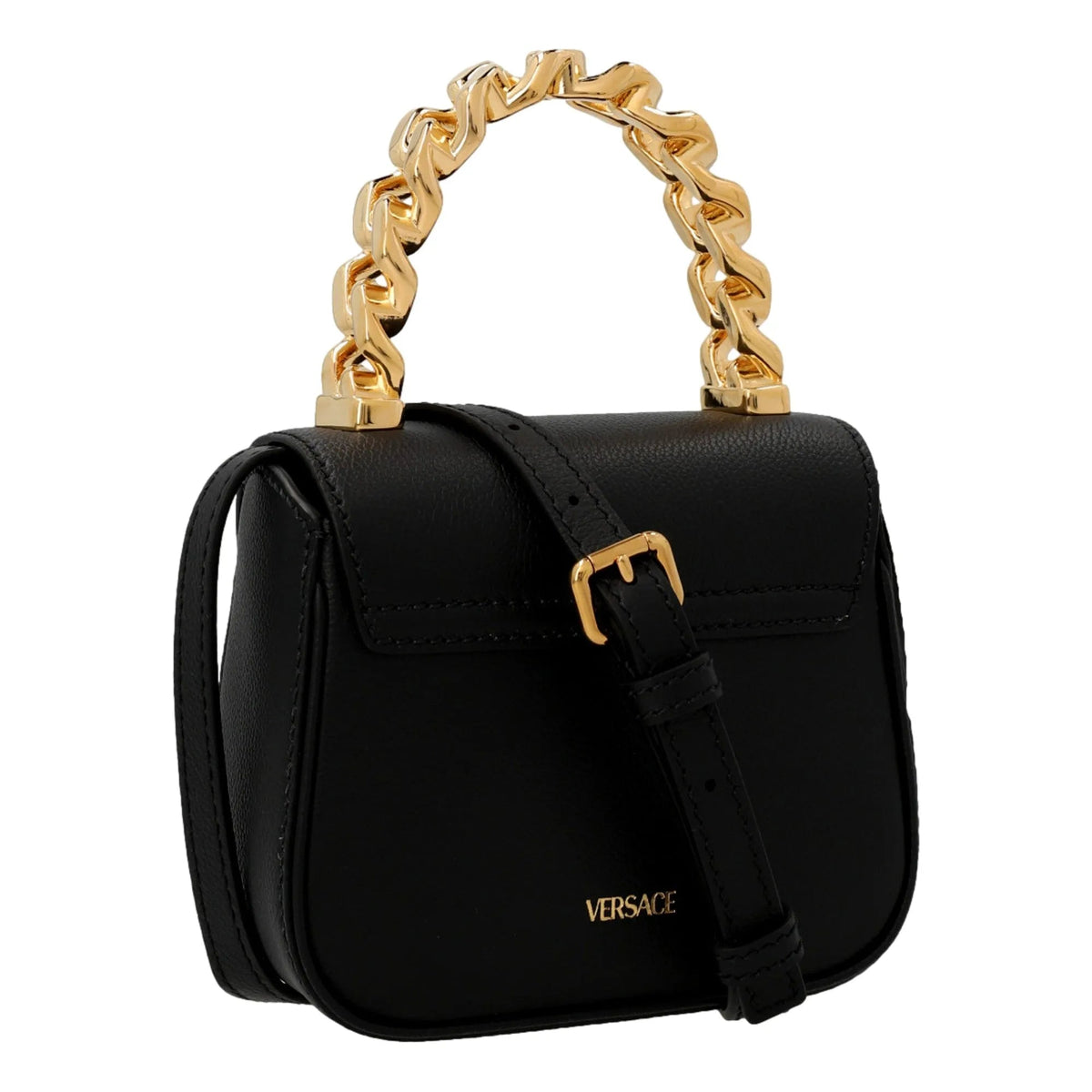 Versace Top Handle Black Mini Vitello Leather Handbag - Handbags - Clayton's Online Store