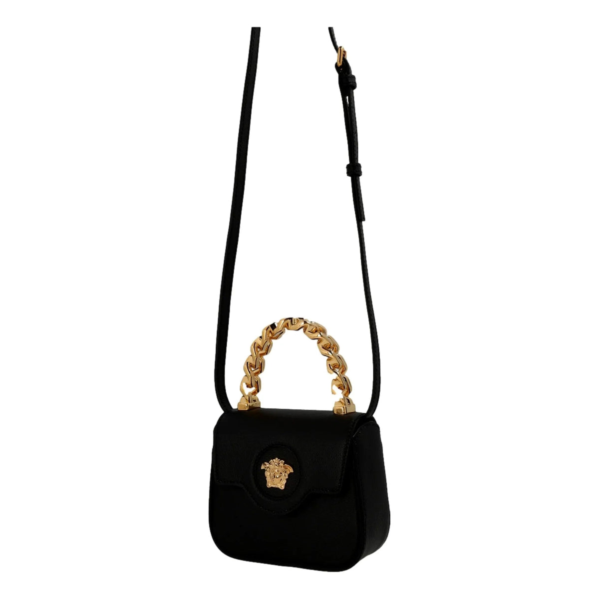 Versace Top Handle Black Mini Vitello Leather Handbag - Handbags - Clayton's Online Store