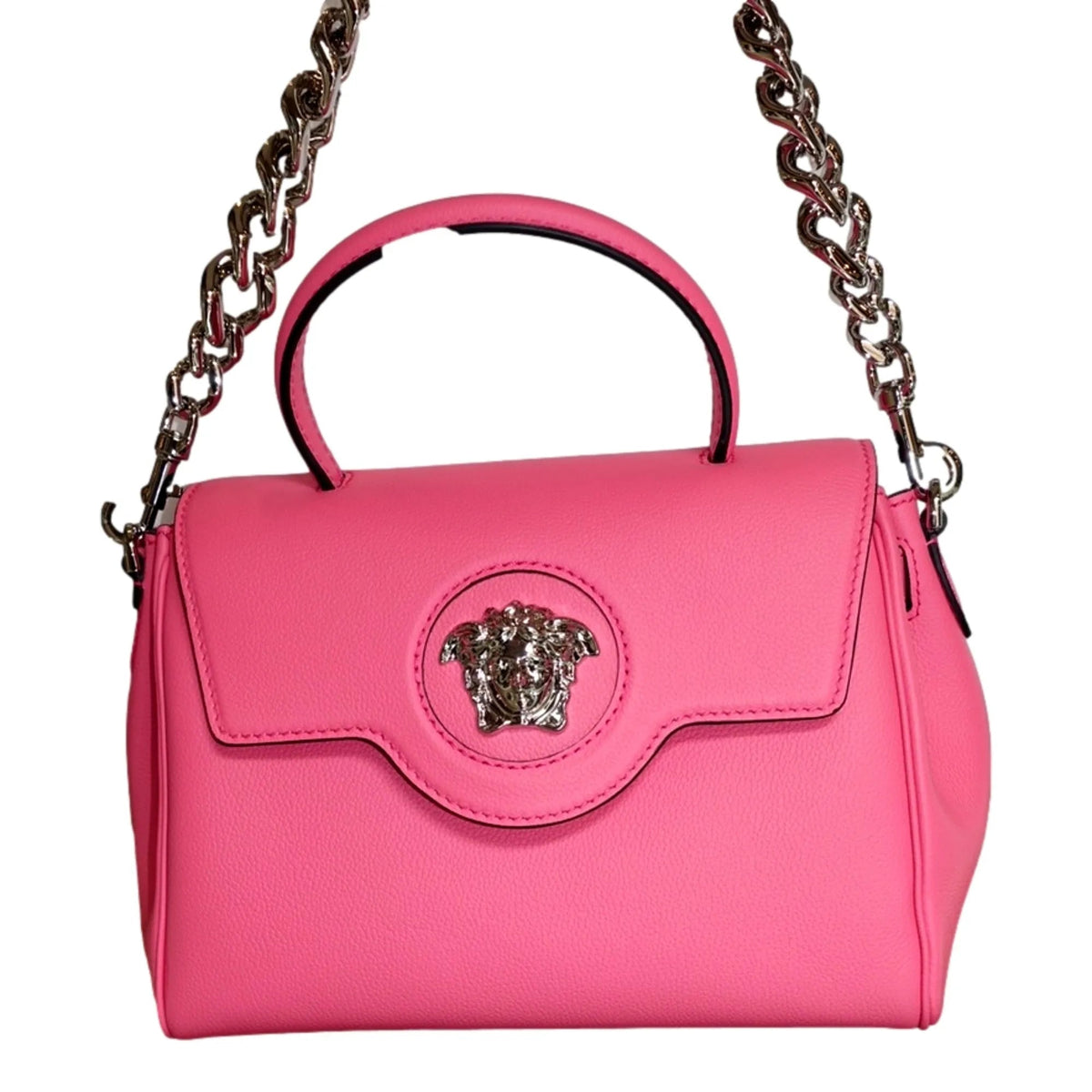 Versace Top Handle Flamingo Pink Vitello Leather Handbag - Handbags - Clayton's Online Store